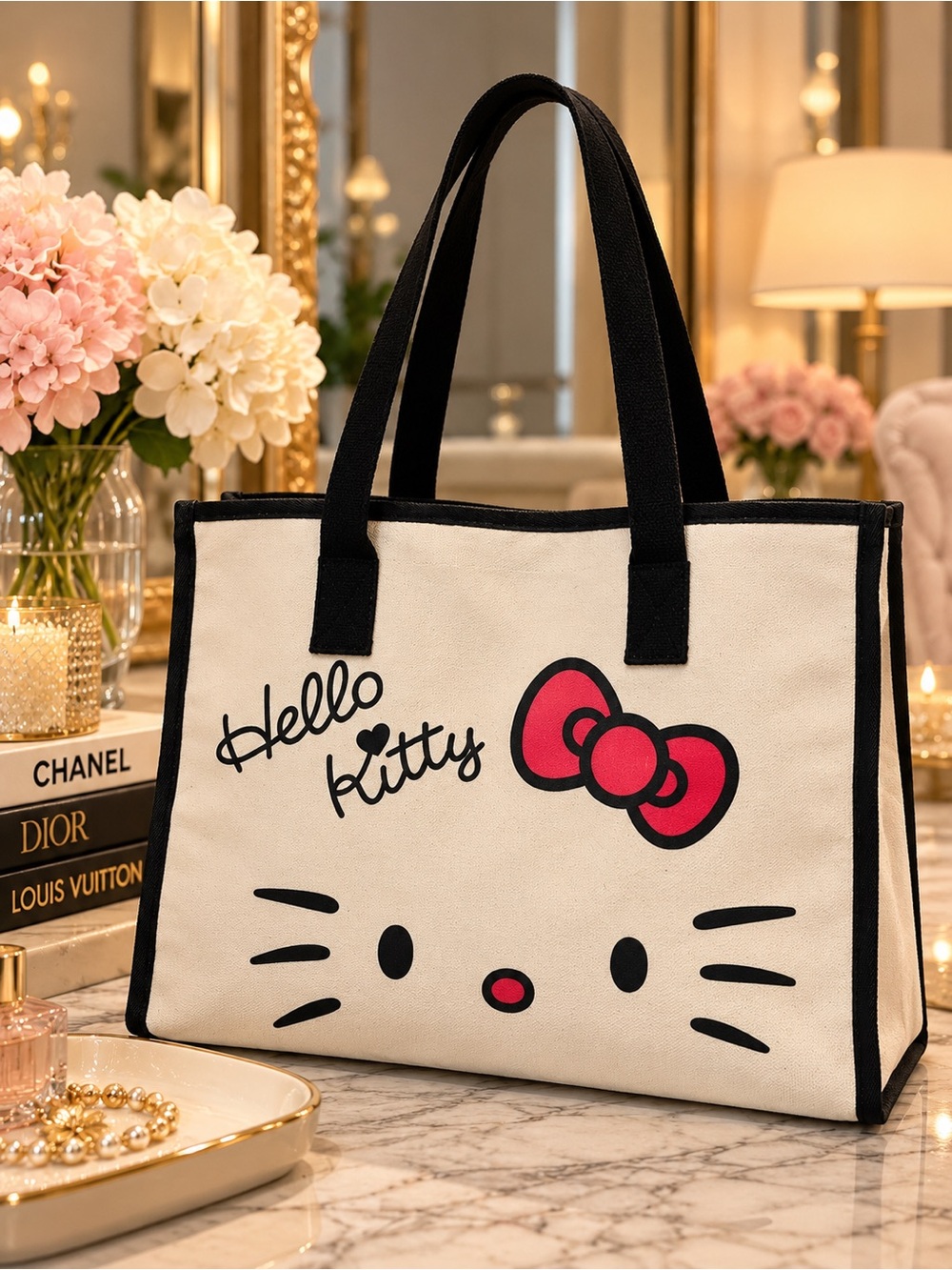 Hello Kitty Cream Canvas Tote Bag Black Handles Red Bow NWOT